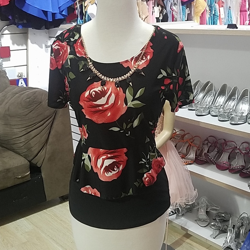 Black floral print blouse